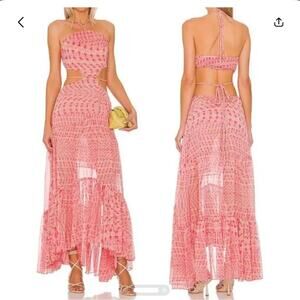 NWT MISA Los Angeles $510 Dalia Cutout Halter Chiffon Maxi Dress in Septima Geo